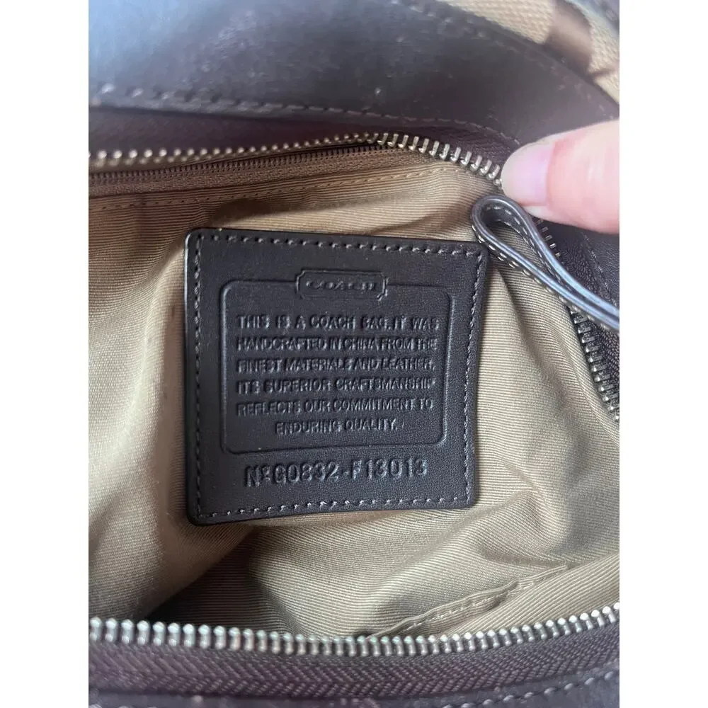 Coach Signature Jacquard Shoulder Bag Brown Tan Canvas Leather Trim Zip Top